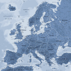 Europe - Highly Detailed Vector Map of the Europe. Ideally for the Print Posters. Grey Silver Monochrome Colors. Relief Topographic and Depth - obrazy, fototapety, plakaty