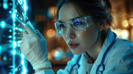 An artificial intelligence AI doctor shows medical data in augmented reality using a futuristic holographic interface with a syringe and ampoule.