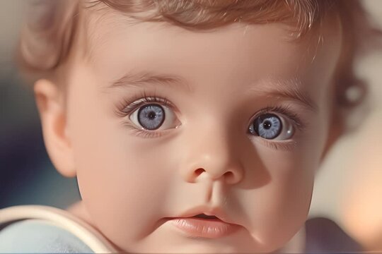 Portrait of a baby with bright blue eyes looking curiously at the camera.