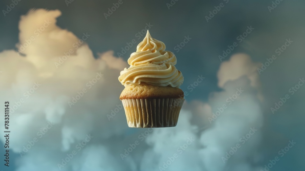 Fototapete highlight the delicate swirls of frosting on a flying cupcake against a dramatic backdrop ai generat