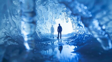 Fototapeta premium Holographic figures suspended in a surreal world of ice and water AI generated illustration