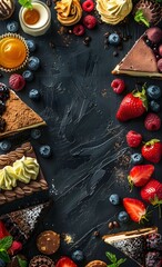  professional menu design, dark coffee bar with a photo of the vertically arranged one below the other on the left side of the picture in a delightful array of treats including pastries, slices 