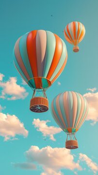 Hot air balloons and baskets soaring through the sky 3D style isolated flying objects memphis style 3D render AI generated illustration