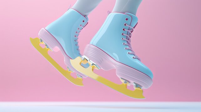 Ice skating blades and skates in a funky color palette 3D style isolated flying objects memphis style 3D render AI generated illustration