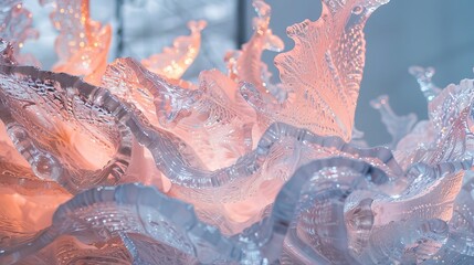 Intricate ice sculptures bathed in a soft rosy glow AI generated illustration