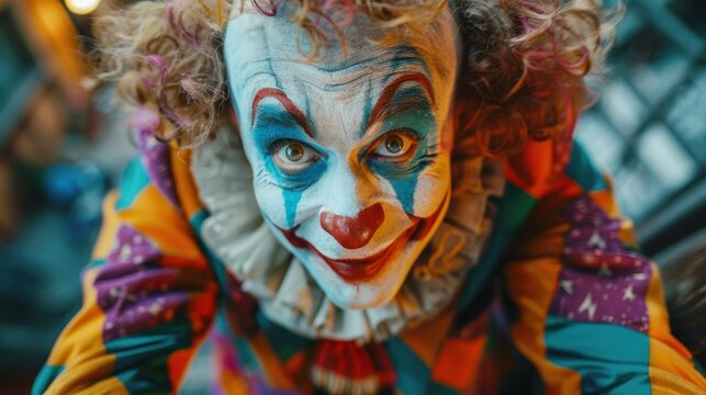 An amusing clown. An entertainer in a colorful suit and wig. A buffoon with whiteface makeup on. Trickster, jester, pantomime, mime. Professional actor at events, kids' parties, circus