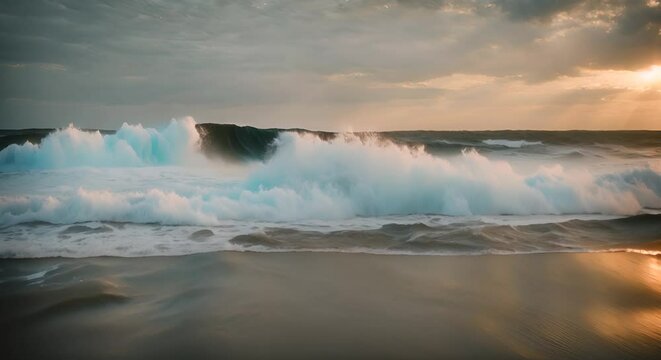 Dynamic ocean waves crashing under a sunset sky with clouds.