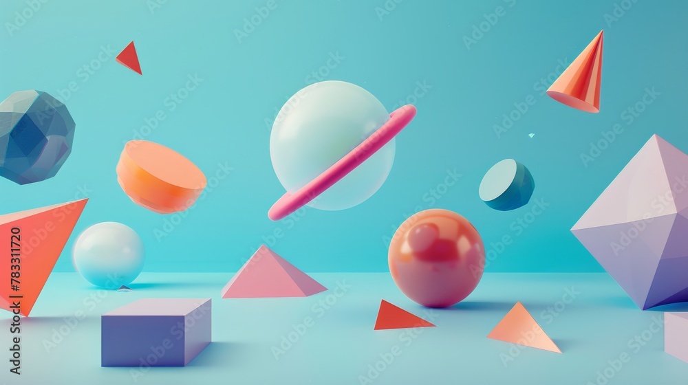 Poster isolated geometric forms floating in a cosmic expanse 3d style isolated flying objects memphis style