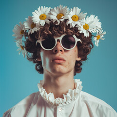 portrait of a handsome young man with flowers in his hair