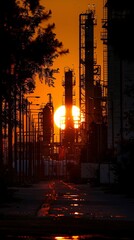 Yellow backdrop of the setting sun behind the oil refinerys silhouette capturing the days last light