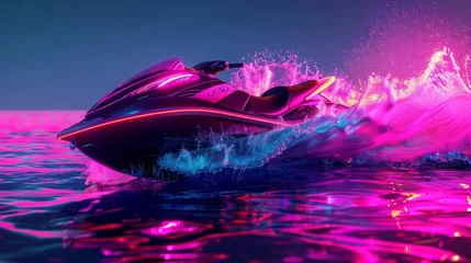 Deurstickers Jet skiing jet skis and water splashes in a neon color scheme 3D style isolated flying objects memphis style 3D render AI generated illustration © ArtStage