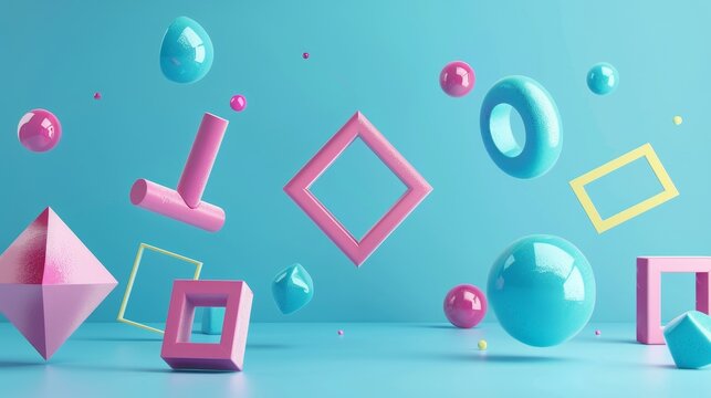 Isolated geometric forms floating in a cosmic expanse 3D style isolated flying objects memphis style 3D render AI generated illustration