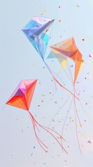 Kite flying kites and strings in a whimsical colorway 3D style isolated flying objects memphis style 3D render AI generated illustration