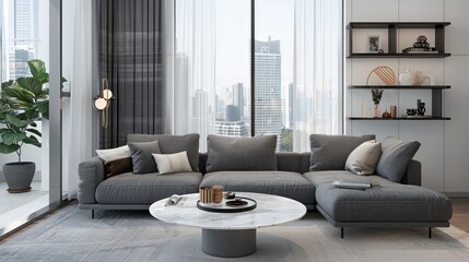 Elegant Minimalist Living Room Overlooking City Skyline