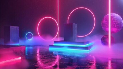 Luminous shapes hovering in a neon cosmos 3D style isolated flying objects memphis style 3D render  AI generated illustration