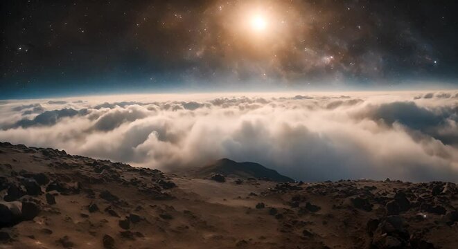 Majestic clouds from a high vantage point with stars twinkling above.