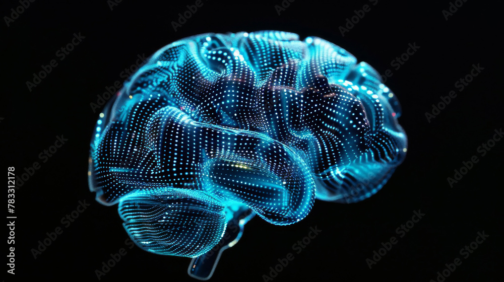 Aufkleber Futuristic digital brain interface concept with glowing blue neural network on dark background. In a high tech cybernetics world