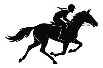 Jockey riding a running horse black silhouette  an white background