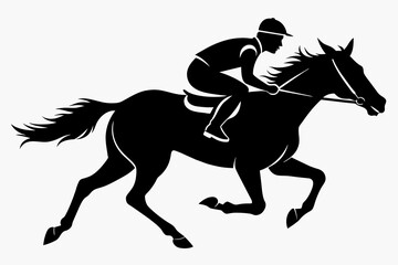 Jockey riding a running horse black silhouette  an white background