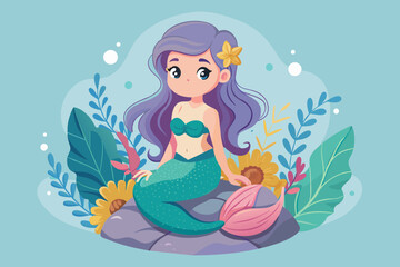 Obraz na płótnie Canvas Cute beautiful mermaid sitting smiling on a rock in a floral frame with waves on an abstract background