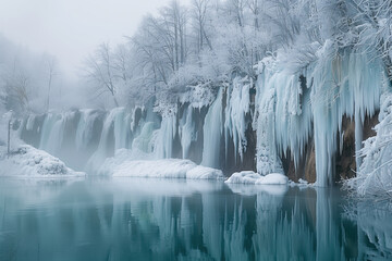 Winter landscape with frozen waterfall and snow covered trees in cold misty weather