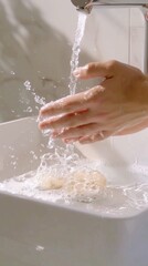 A person is using water and soap to wash their hands in a plumbing fixture, health care and personal hygiene