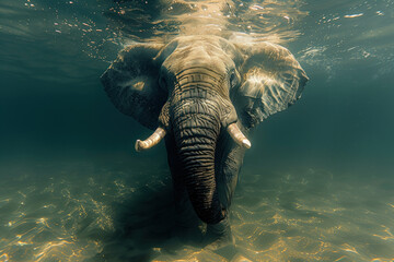 Elephant swimming in the deep blue water in the lagoon - obrazy, fototapety, plakaty