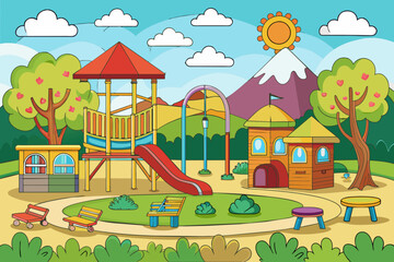coloring page for kids, school playground full detail, clean  and white background, do not shading color