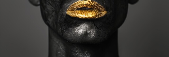 Black and white closeup shot of an African American man face with metallic gold lips, showcasing the intricate details of his eye, eyelash and jaw, shooting a portrait for a fashion magazine, banner