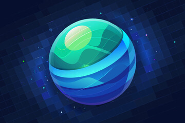 grid planeticon 3D, frosted glass, blur, isometric, blue and a little green gradient, clean, black starry sky background