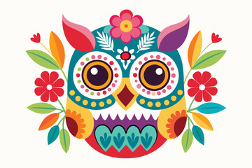 colorful cute Mexican owl dead skull with flowers, minimalist, UHD, Bold shapes, in the style of traditional Mexican folk art on white background