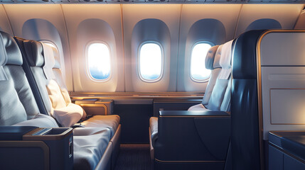 A spacious cabin with seats and windows on the plane. AI.