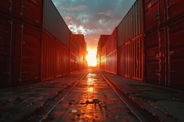 Row of colored cargo containers on both sides at sunset, cargo transportation