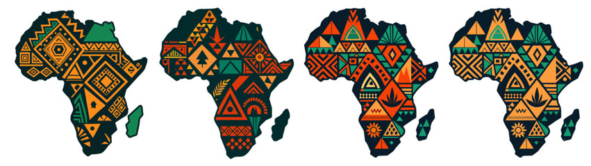 Continent Africa, abstract silhouette set of african map with geometric ethnic pattern and tribal traditional ornament