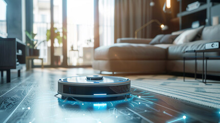 An elegant robot vacuum cleaner on the wooden floor of the living room. AI.