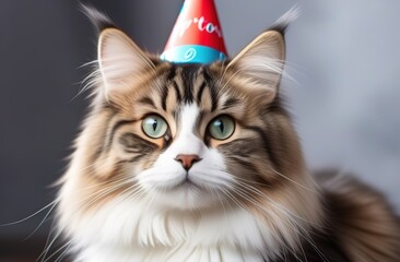 Cute cat sitting in a party cap on a happy birthday card.