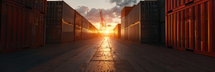 Row of colored cargo containers on both sides at sunset, cargo transportation, banner