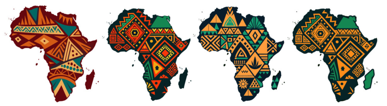 Continent Africa, abstract silhouette set of african map with geometric ethnic pattern and tribal traditional ornament. Illustrated map of africa adorned with traditional patterns on background