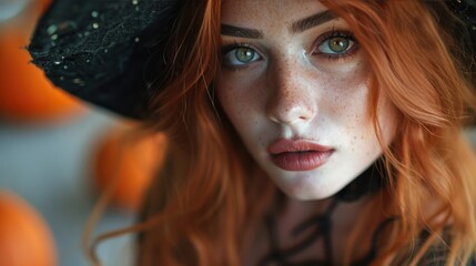 Obraz premium A Halloween witch in a dark tapered witch's hat with long red hair and holiday makeup. Beauty gothic girl with a carved pumpkin in Party Celebrating All Saints' Day art design