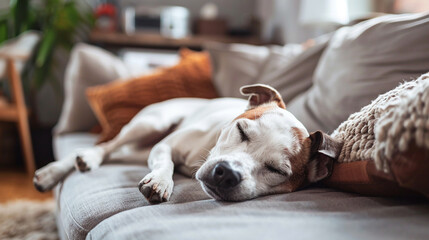 Adorable mixed breed dog relaxing on sofa. AI. - obrazy, fototapety, plakaty