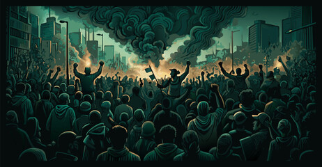 Illustration of a passionate crowd during a twilight protest, fighting for freedom amidst urban turmoil - obrazy, fototapety, plakaty