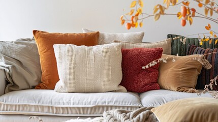 Cozy home setting with a display of craft pillows, each featuring a modern design, shown in a professional mockup to enhance home styling