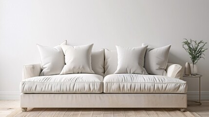 Array of plain throw pillows on a modern couch, clean and simple for versatile interior design mockups