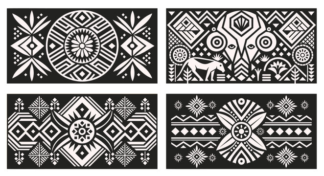 Intricate and detailed traditional african pattern design with geometric shapes in black and white, reflecting the rich cultural ornament, heritage, and ethnic background of african textile art
