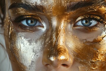 Closeup shot of a European girl face with metallic gold makeup, showcasing the intricate details of her eye, eyelash, iris, and jaw, shooting a portrait for a fashion magazine