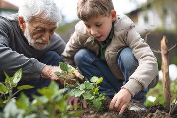 A grandfather with his little grandson is planting a sprout of a green tree, sharing experience and caring with the younger generation