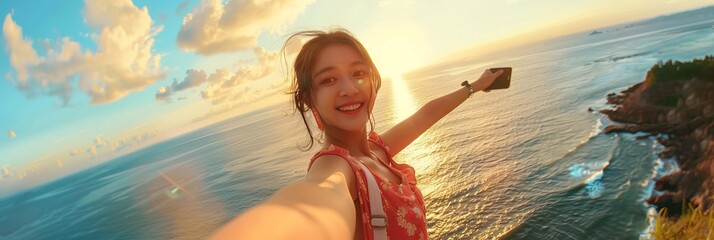 Happy smiling young Asian girl taking selfie against sea background, summer beach holiday, banner
