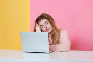 Naklejka premium Tired woman falling asleep in front of computer at desk. Pink and yellow studio background