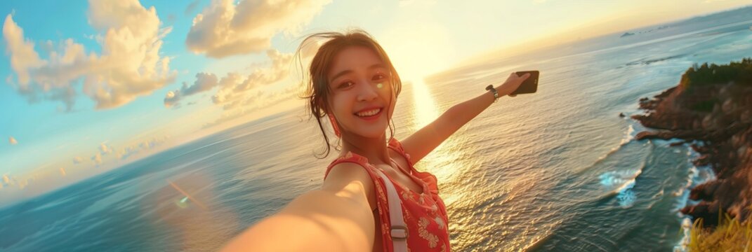 Happy smiling young Asian girl taking selfie against sea background, summer beach holiday, banner