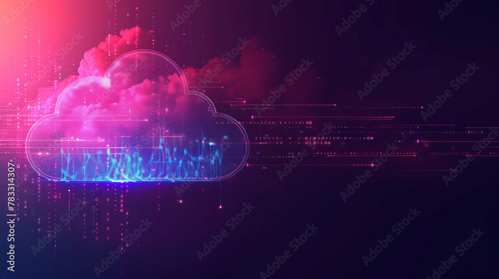 Aufkleber Abstract tech background depicting a cloud with binary and data analytics overlay in neon hues
